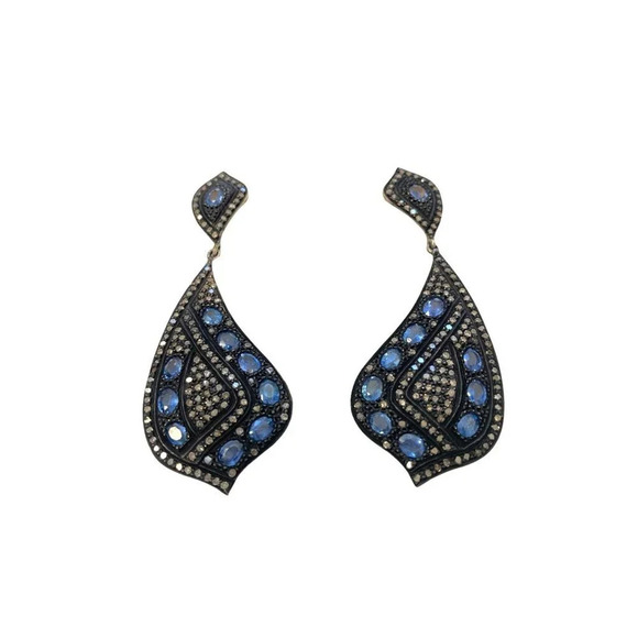 Genuine Sapphire & Diamond Paisley Dangling Drop Earrings NEW - Picture 1 of 5